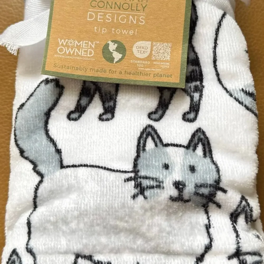 NWT Deborah Connolly Designs Tip Towel White Black Grey Cat NEW